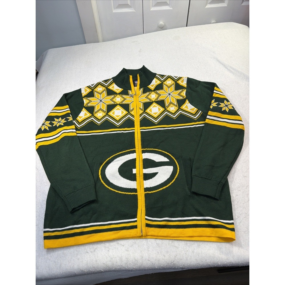 NFL Team Apparel Green Bay Packers Ugly Christmas Sweater Full Zip Patchwork 2XL